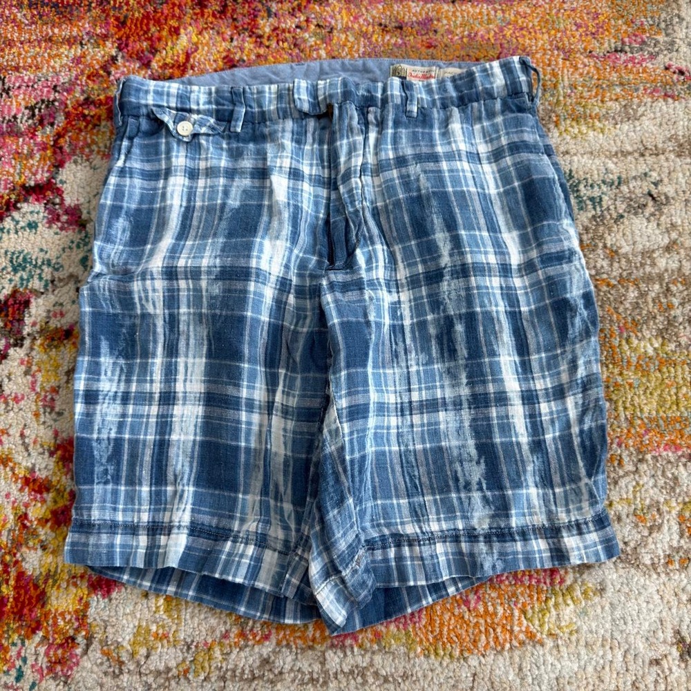 Ralph Lauren Authentic India Madras 100% Linen Plaid Shorts Blue White Mens 30W